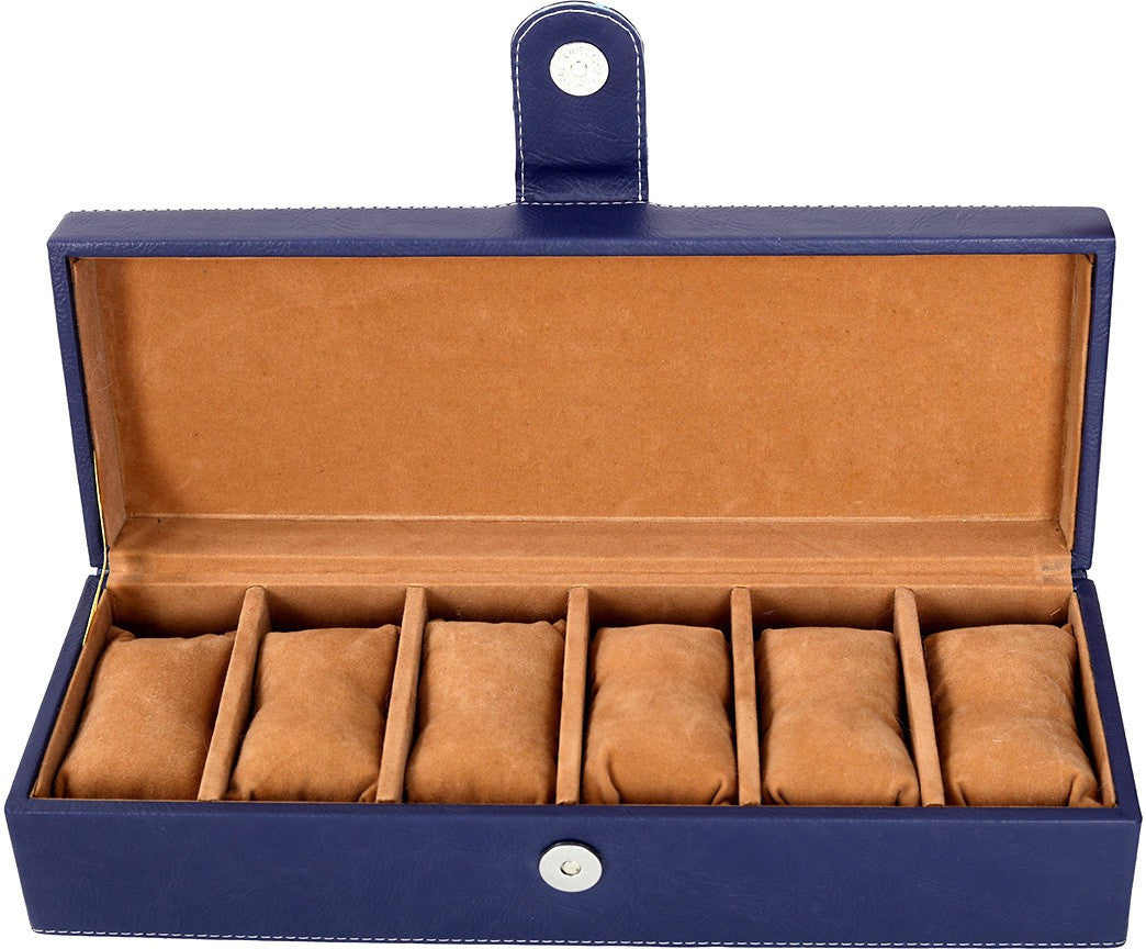 6 Slots Classy Blue Watch Box Organizer with Plain Leather Finish