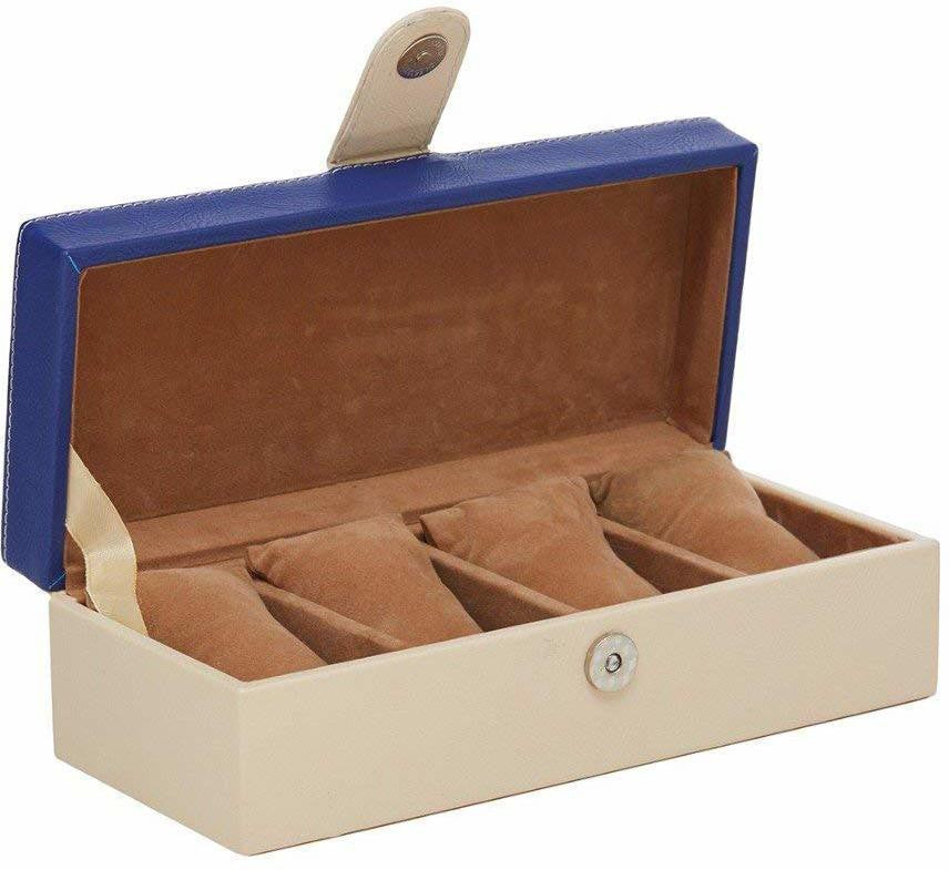 4 Slots Stylish Beige Watch Box with Plain Leather Finish