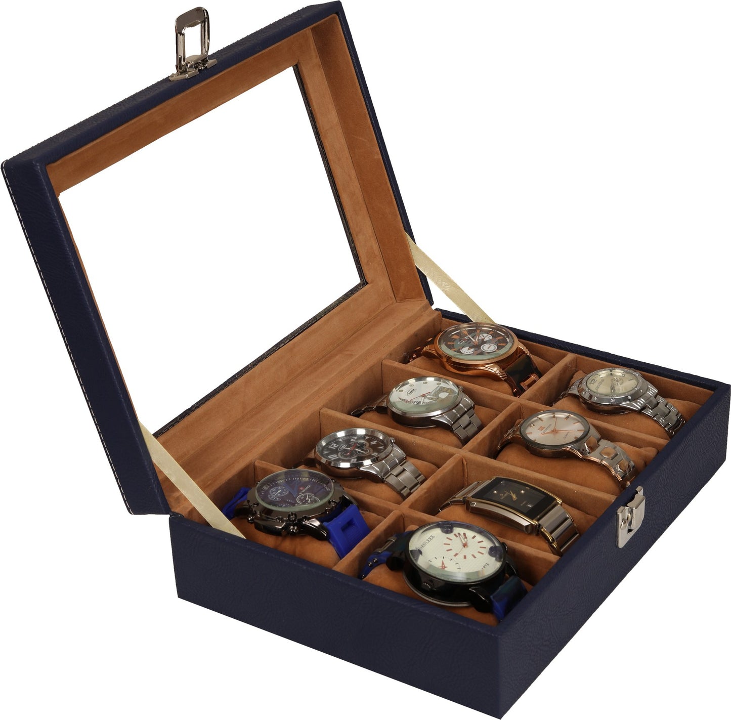 Leather World 8 Slots PU Leather Men Watch Box Acrylic Display Glass Organizer Case Women Storage Jewelry - Blue