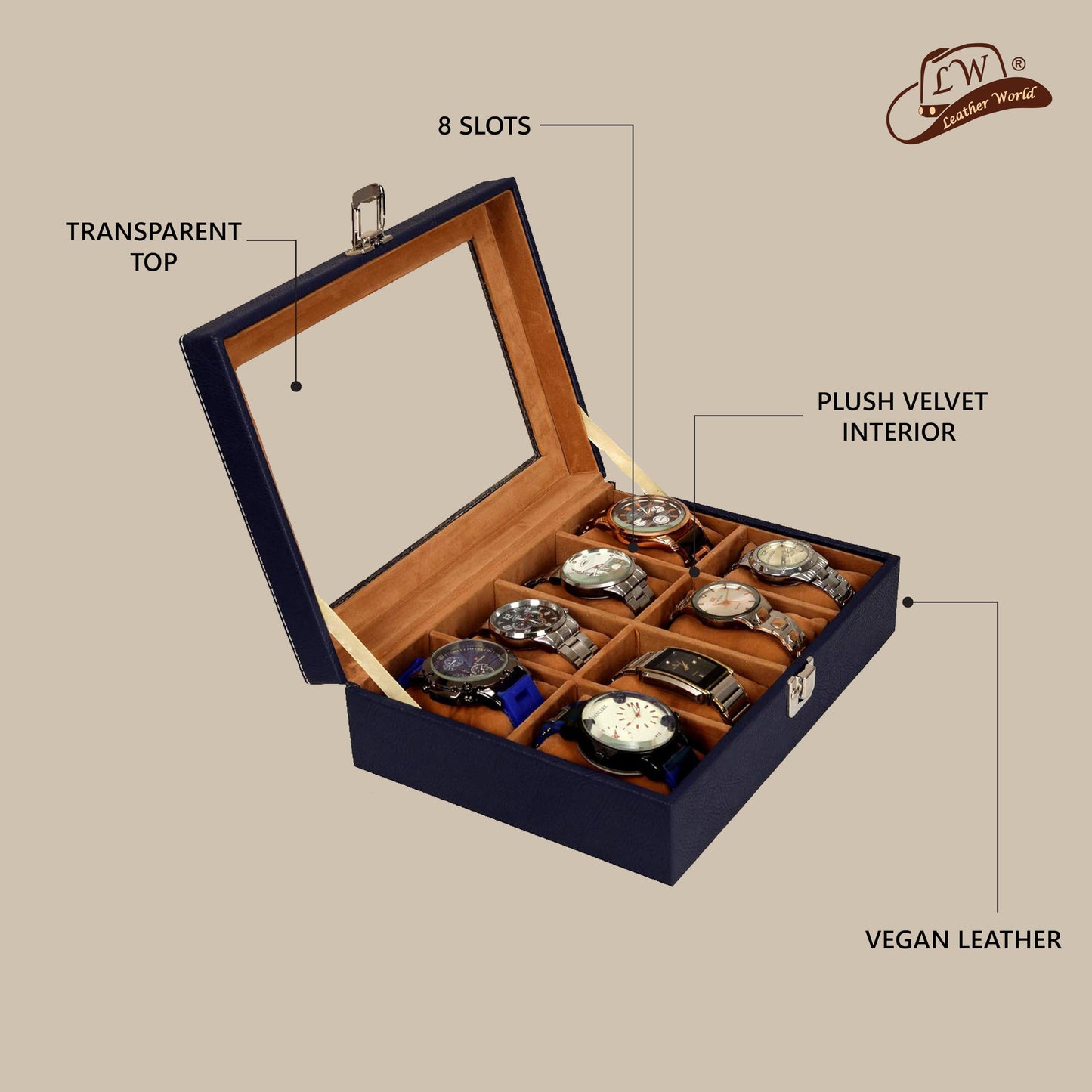 Leather World 8 Slots PU Leather Men Watch Box Acrylic Display Glass Organizer Case Women Storage Jewelry - Blue