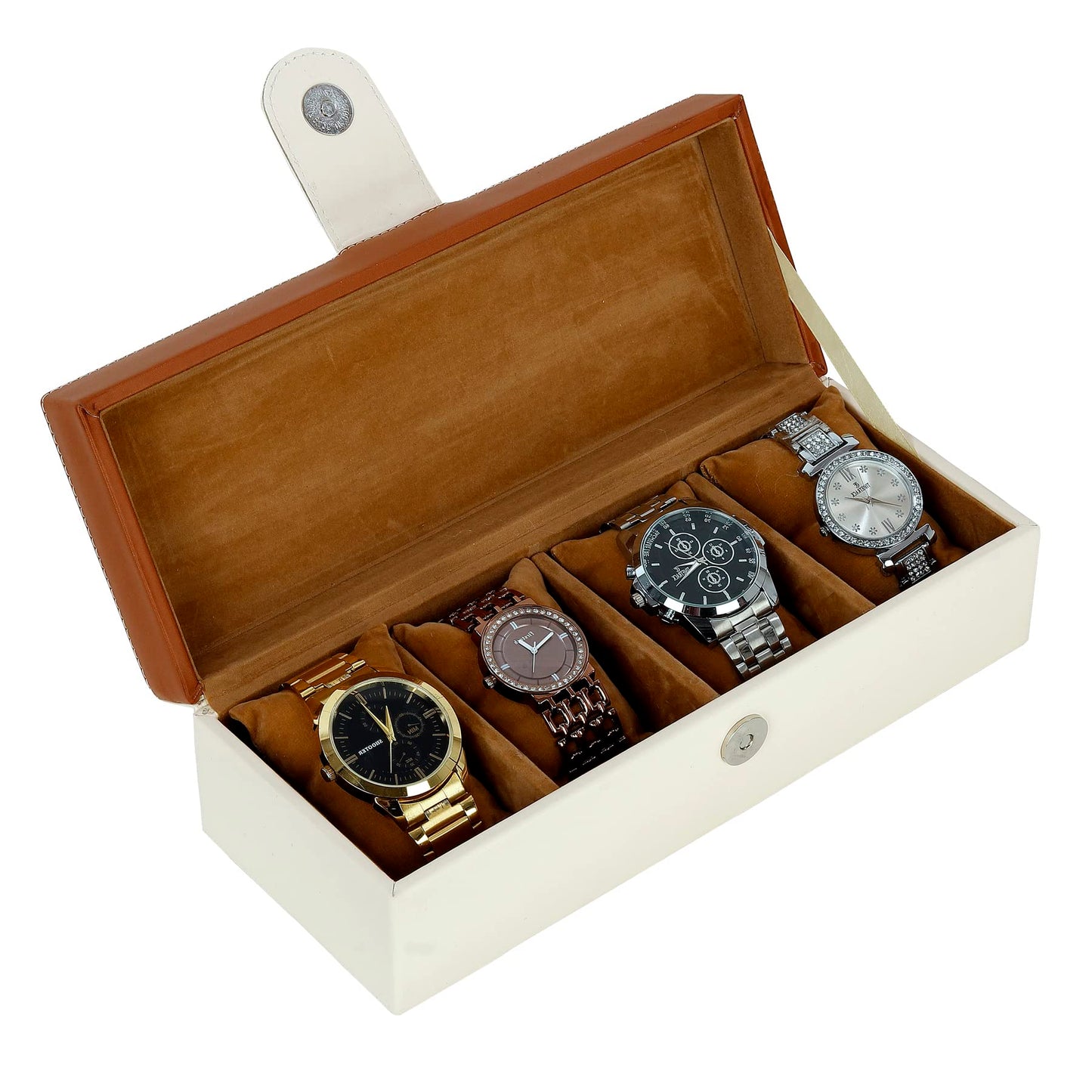 4 Slots Stylish Beige Watch Box with Viewing Window