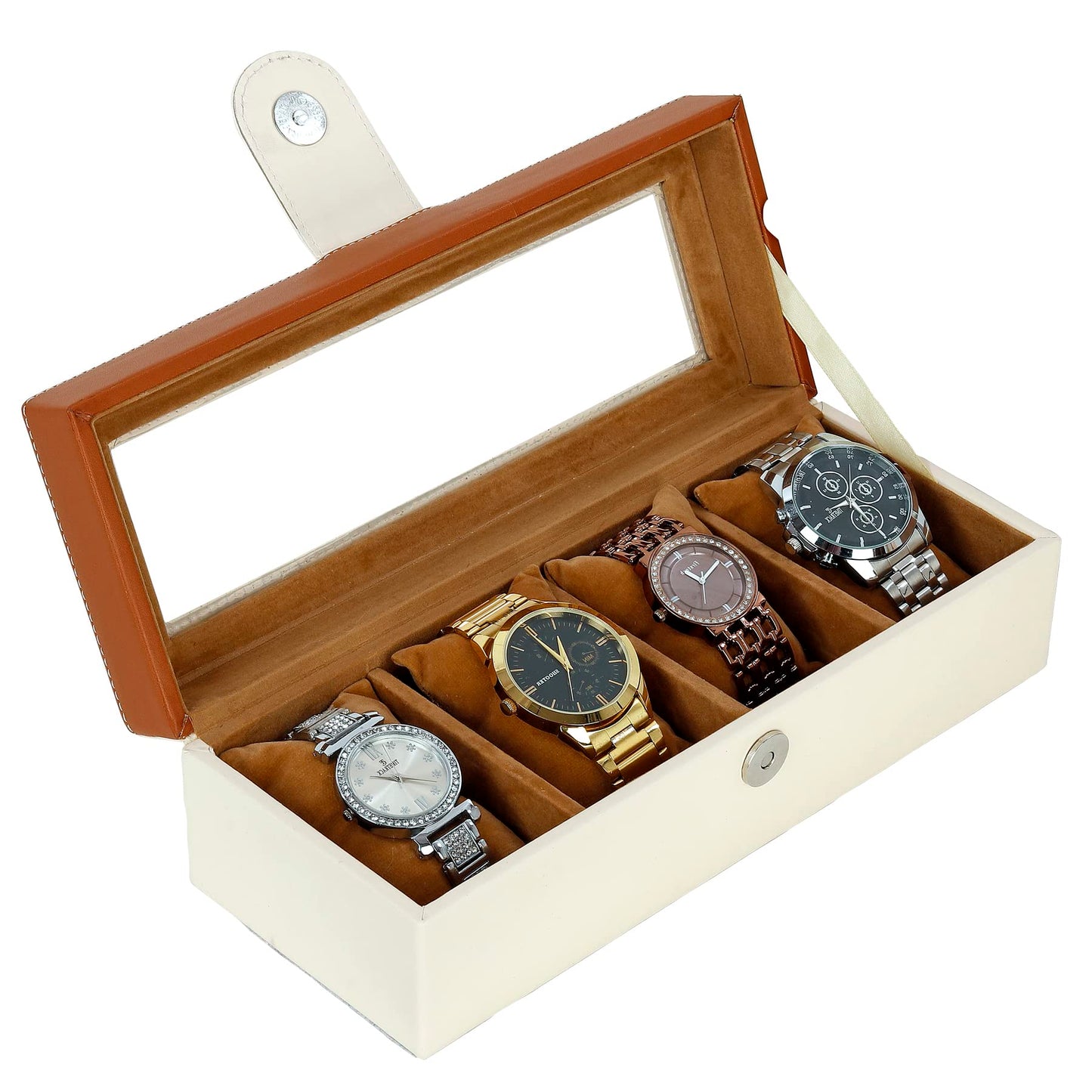 4 Slots Stylish Beige Watch Box with Viewing Window