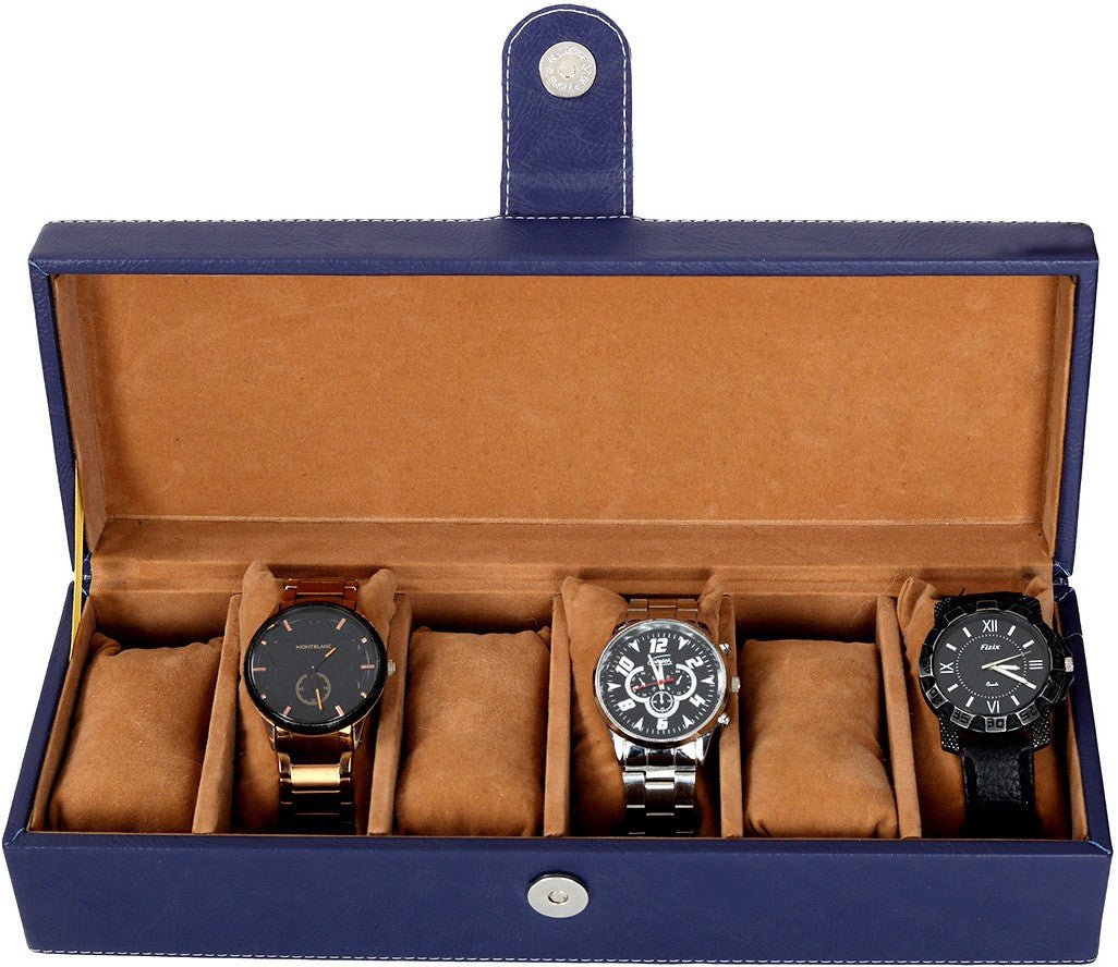 6 Slots Classy Blue Watch Box Organizer with Plain Leather Finish