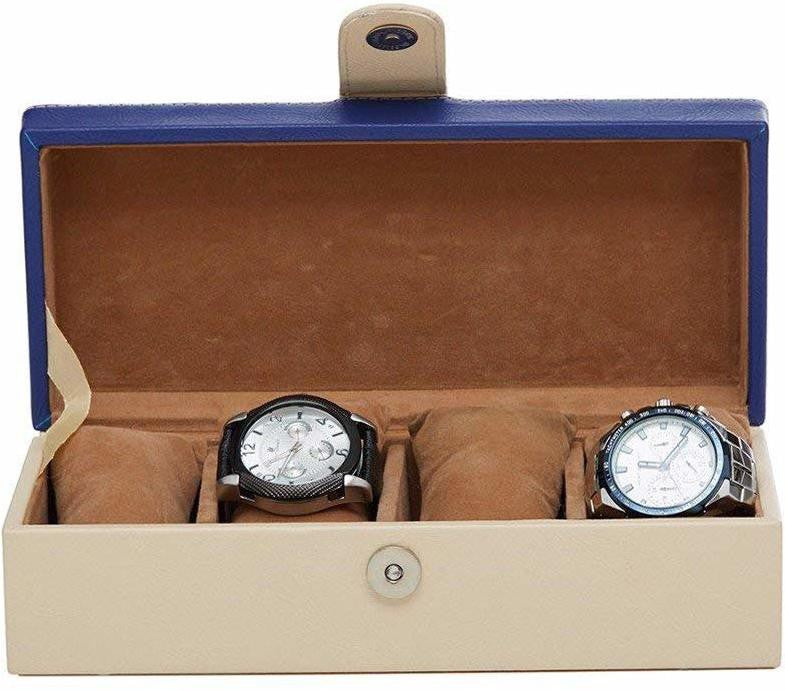 4 Slots Stylish Beige Watch Box with Plain Leather Finish