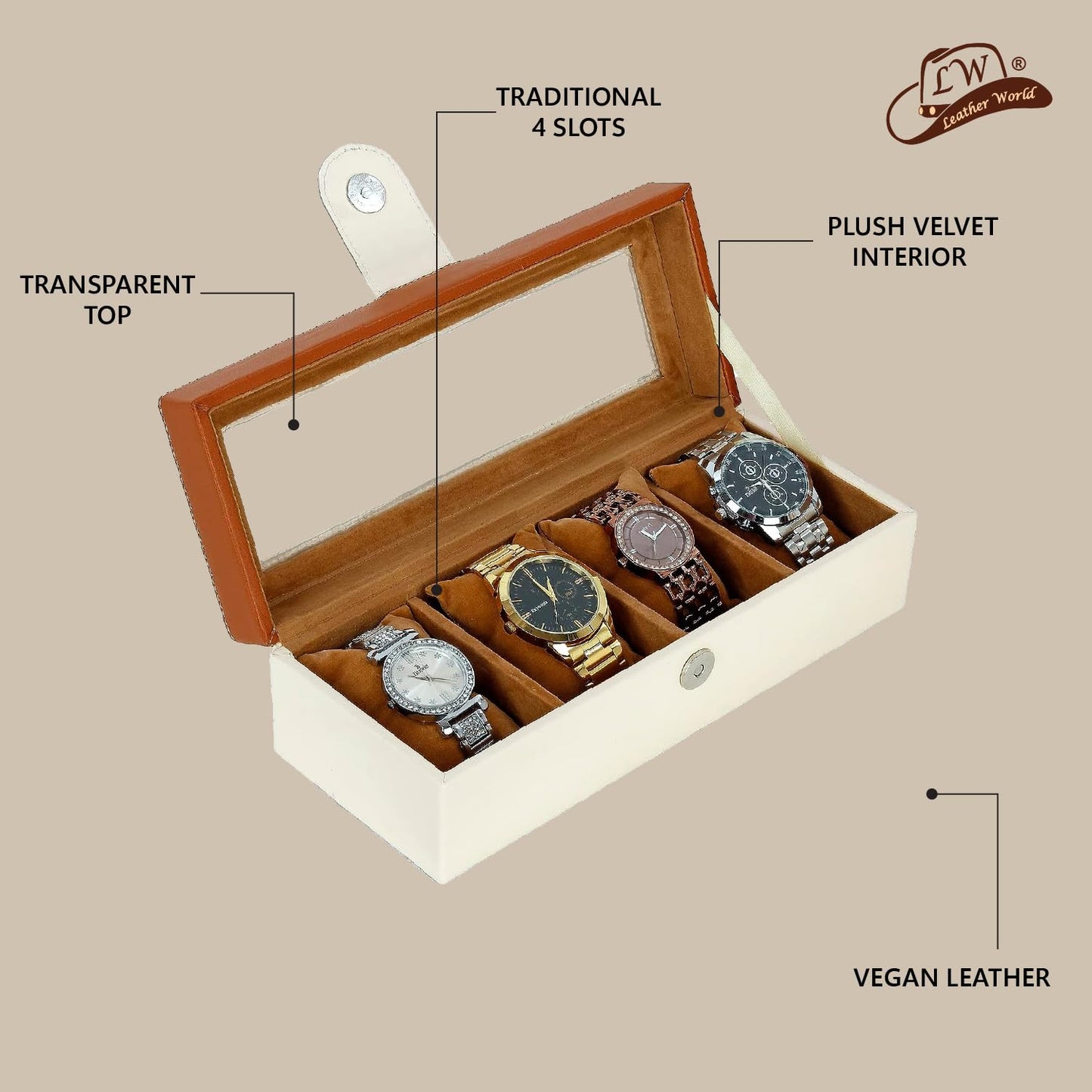 4 Slots Stylish Beige Watch Box with Viewing Window