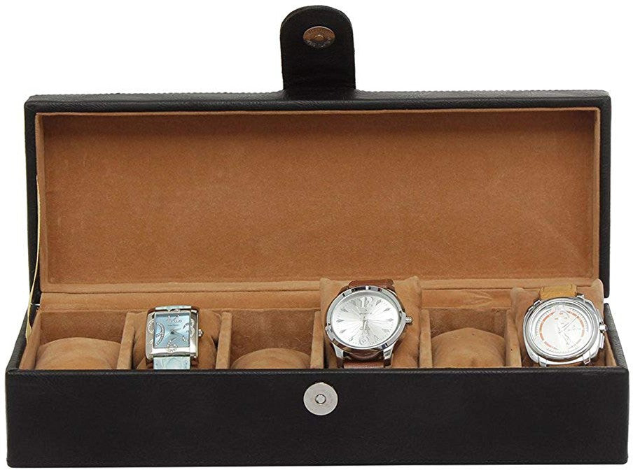 6 Slots Classy Black Watch Box Organizer with Plain Leather Finish