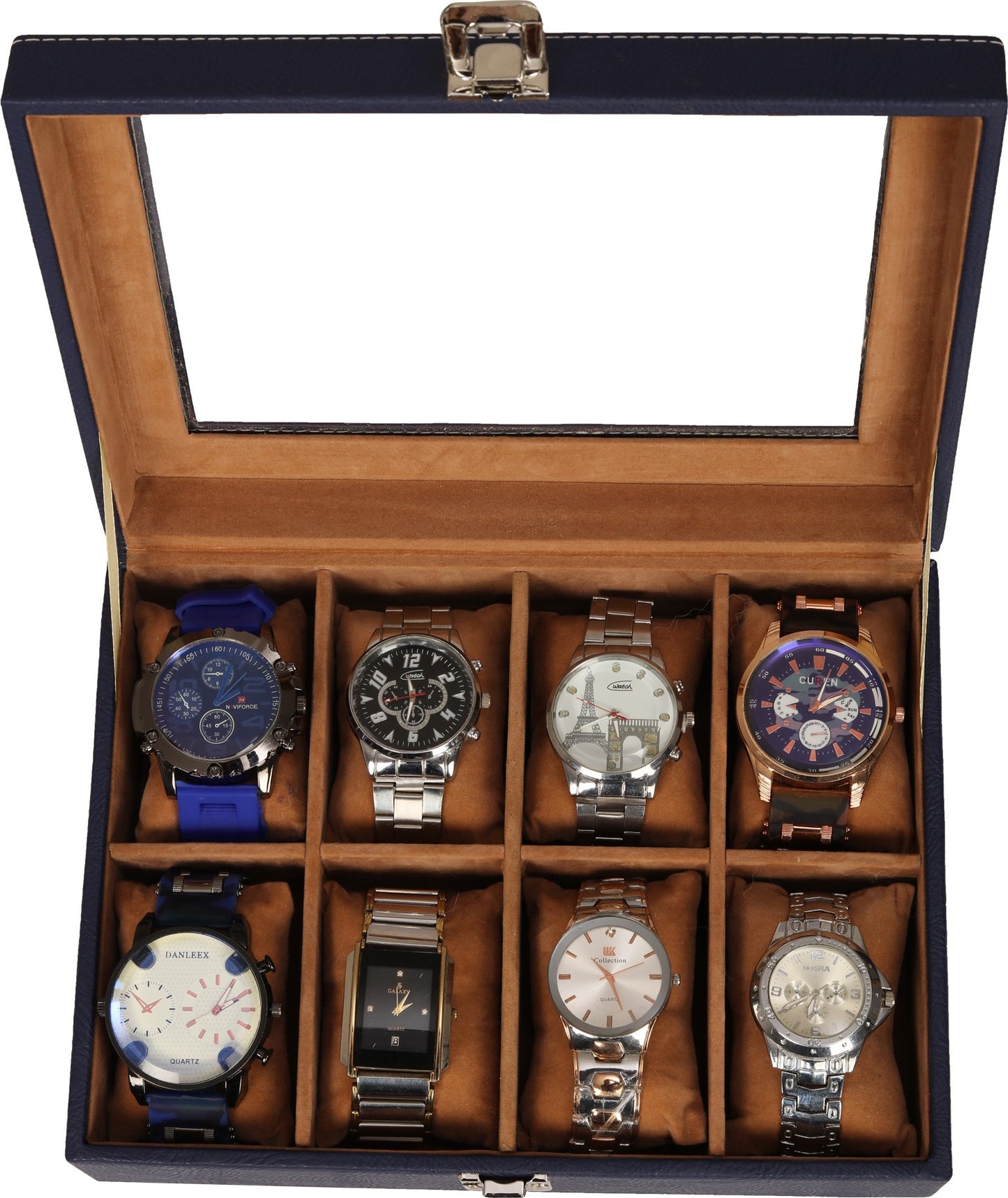 Leather World 8 Slots PU Leather Men Watch Box Acrylic Display Glass Organizer Case Women Storage Jewelry - Blue