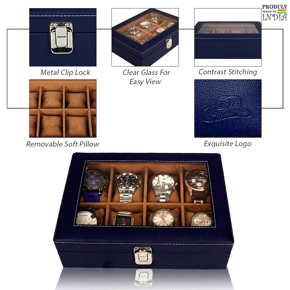Leather World 8 Slots PU Leather Men Watch Box Acrylic Display Glass Organizer Case Women Storage Jewelry - Blue