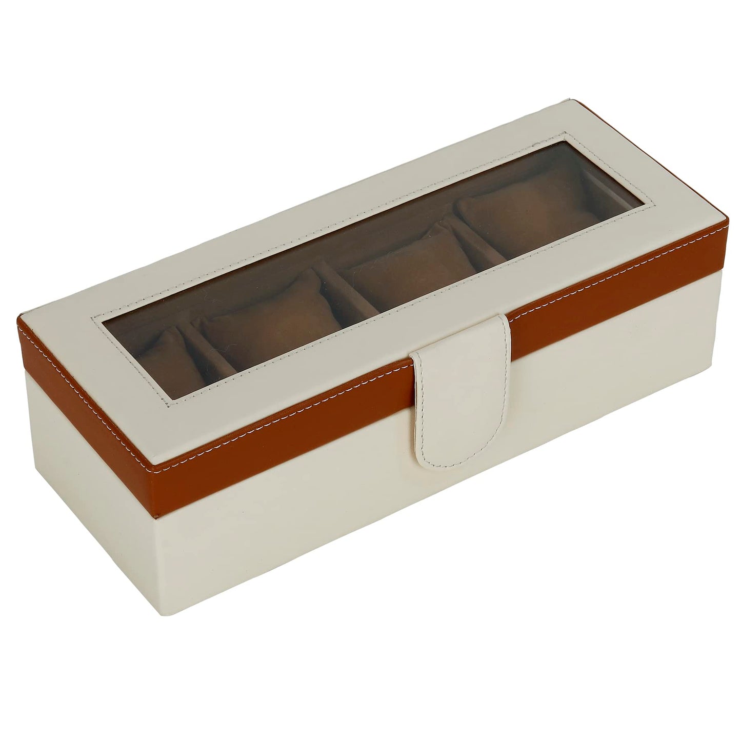 4 Slots Stylish Beige Watch Box with Viewing Window