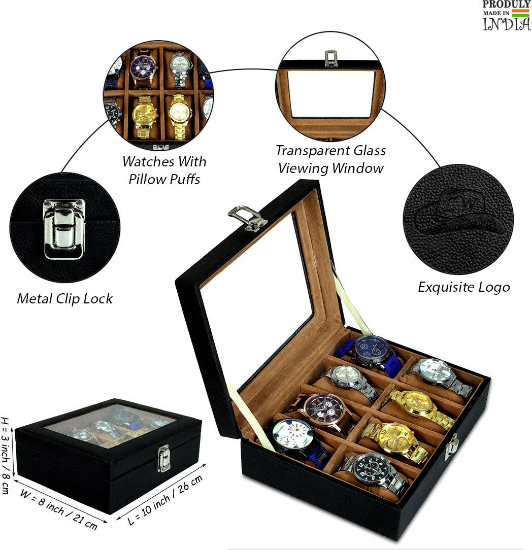 Leather World 8 Slots PU Leather Men Watch Box Acrylic Display Glass Organizer Case Women Storage Jewellery - Black