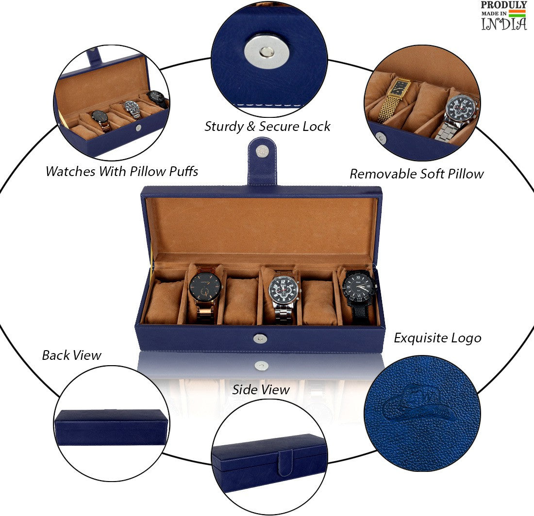 6 Slots Classy Blue Watch Box Organizer with Plain Leather Finish