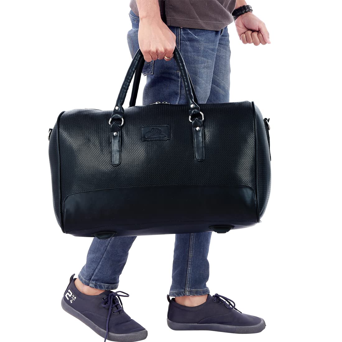 Leather World Vegan Leather Black Textured 18 Inch Travel Duffle Luggage Bag for Men Women
