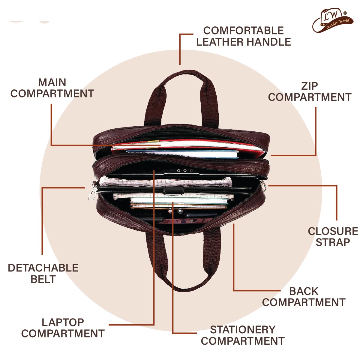 Expandable Leatherette Brown Unisex Office Laptop Messenger Bag