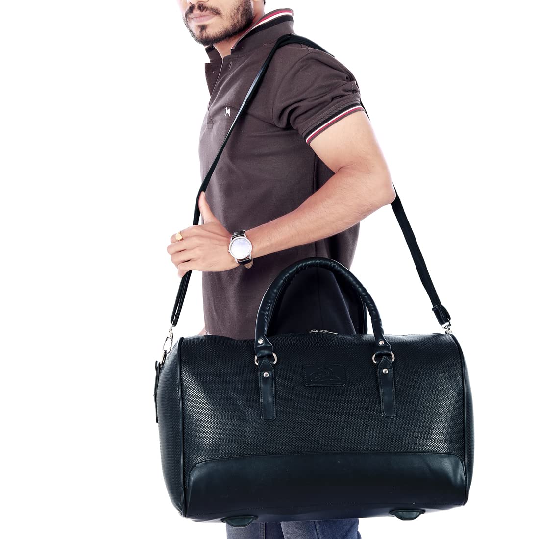 Leather World Vegan Leather Black Textured 18 Inch Travel Duffle Luggage Bag for Men Women