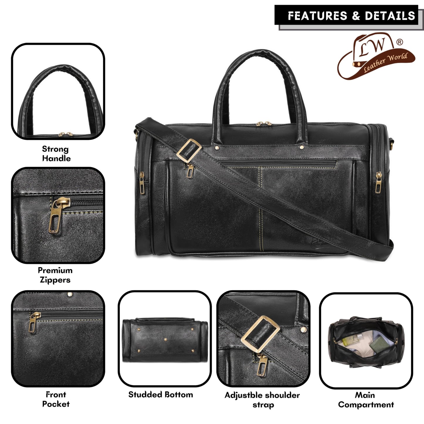 Leather Duffle Bag for Men | Travel, Gym, Sports & Overnight Bag - Black