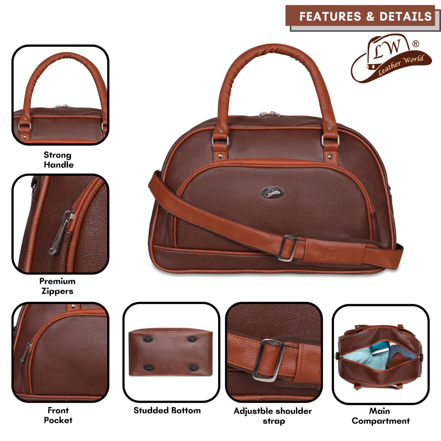Leather World Duffel Bag Textured Leatherette Luggage Duffle Weekender Bag for Travel - Men and Women's (Brown)
