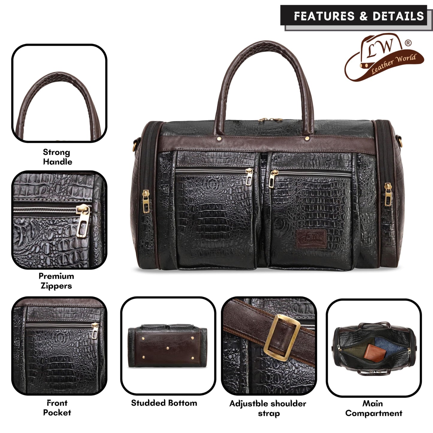 Leather World Duffel bag Textured Leatherette Luggage Duffle Weekender Bag For Travel - Men And Women's - Black