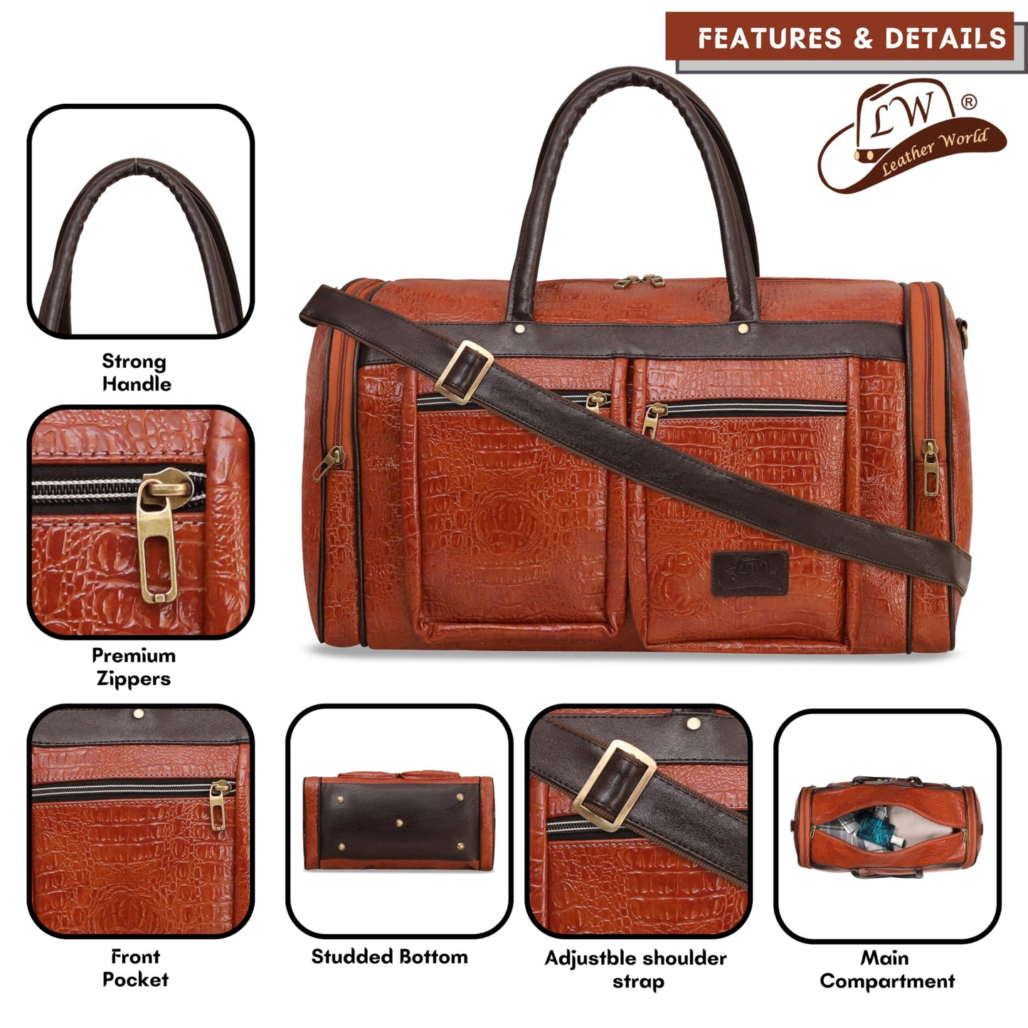 Leather World Duffel Bag Textured Leatherette Luggage Duffle Weekender Bag for Travel - Men and Women's (Tan)