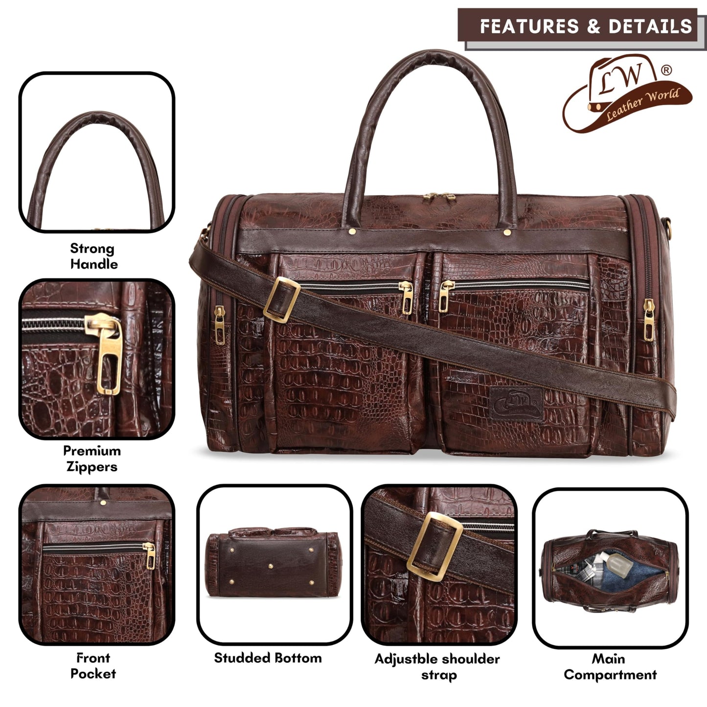 Leather World Duffel Bag Textured Leatherette Luggage Duffle Weekender Bag for Travel - Men and Women's (Brown)