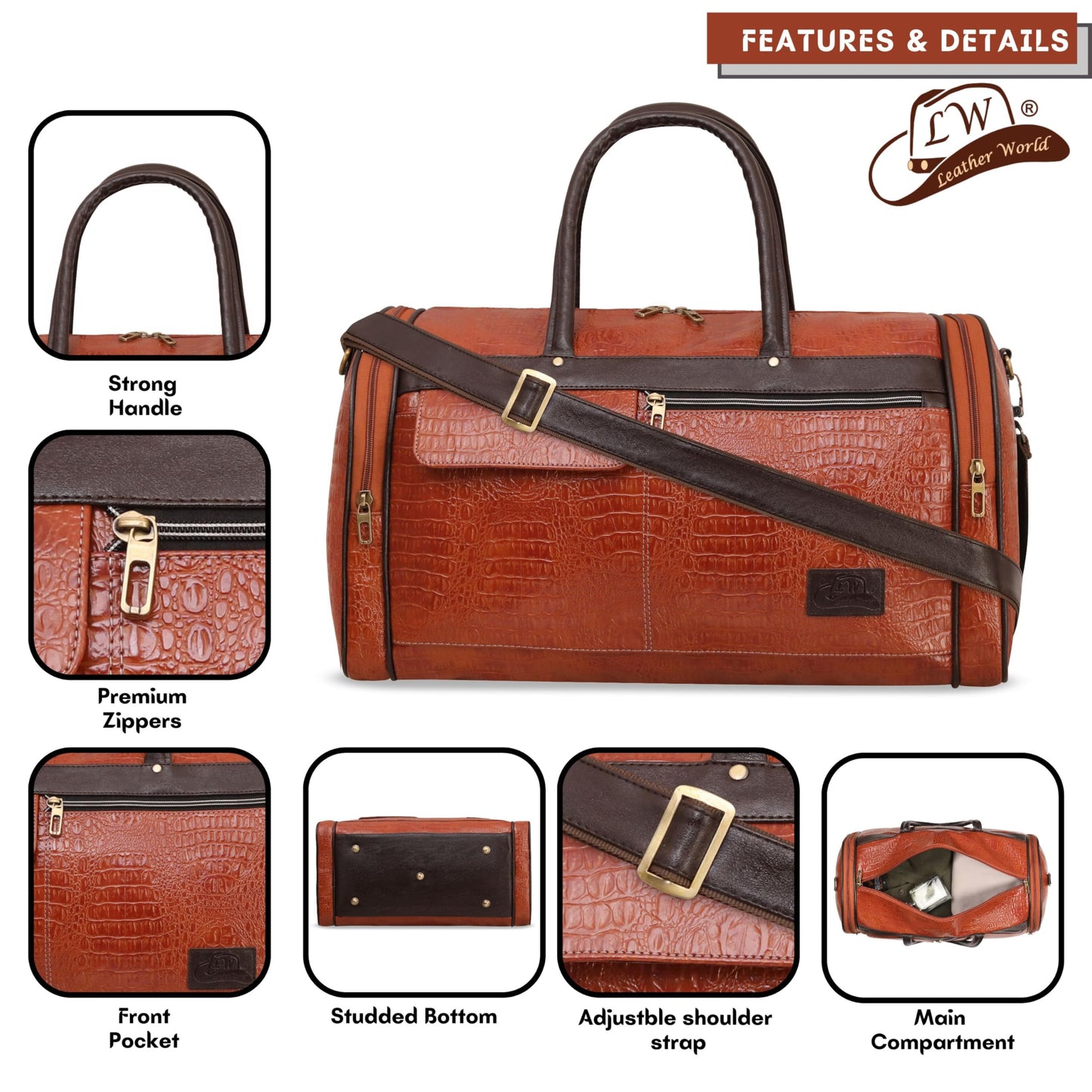 Leather World Leather Unisex Faux Leather Travel Duffle Bag Weekender Bag (Tan)