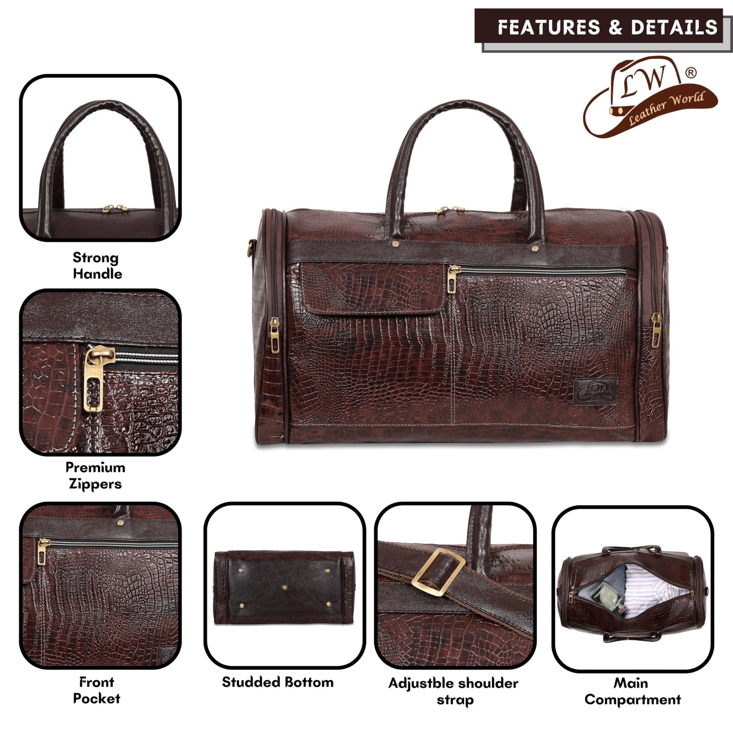 Leather World Leather Unisex Faux Leather Travel Duffle Bag Weekender Bag (Brown)