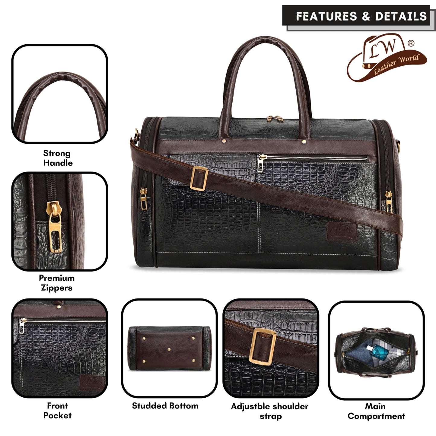 Leather World Leather Unisex Faux Leather Travel Duffle Bag Weekender Bag - Black