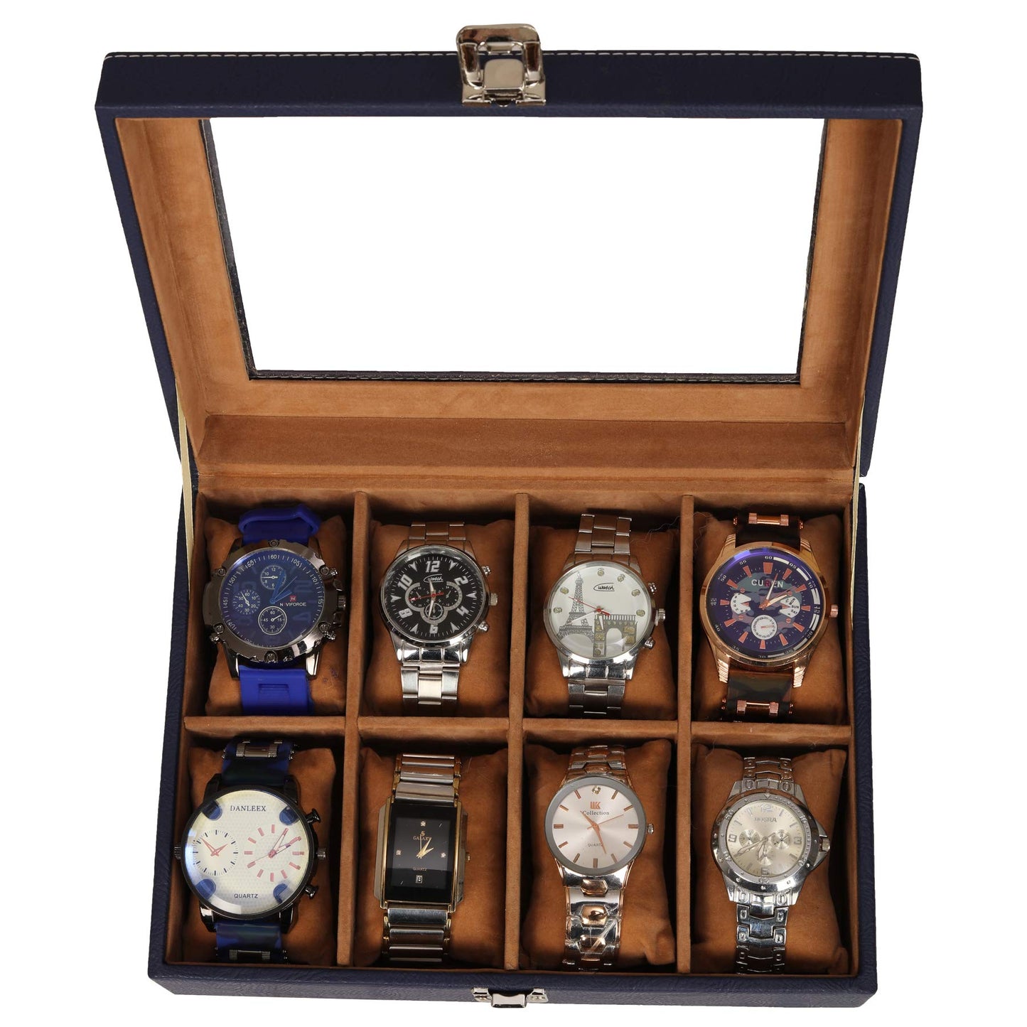 Leather World 8 Slots PU Leather Men Watch Box Acrylic Display Glass Organizer Case Women Storage Jewelry - Blue