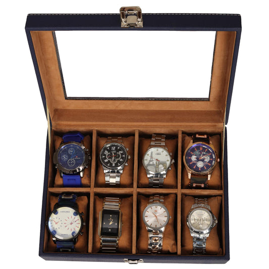 Leather World 8 Slots PU Leather Men Watch Box Acrylic Display Glass Organizer Case Women Storage Jewelry - Blue