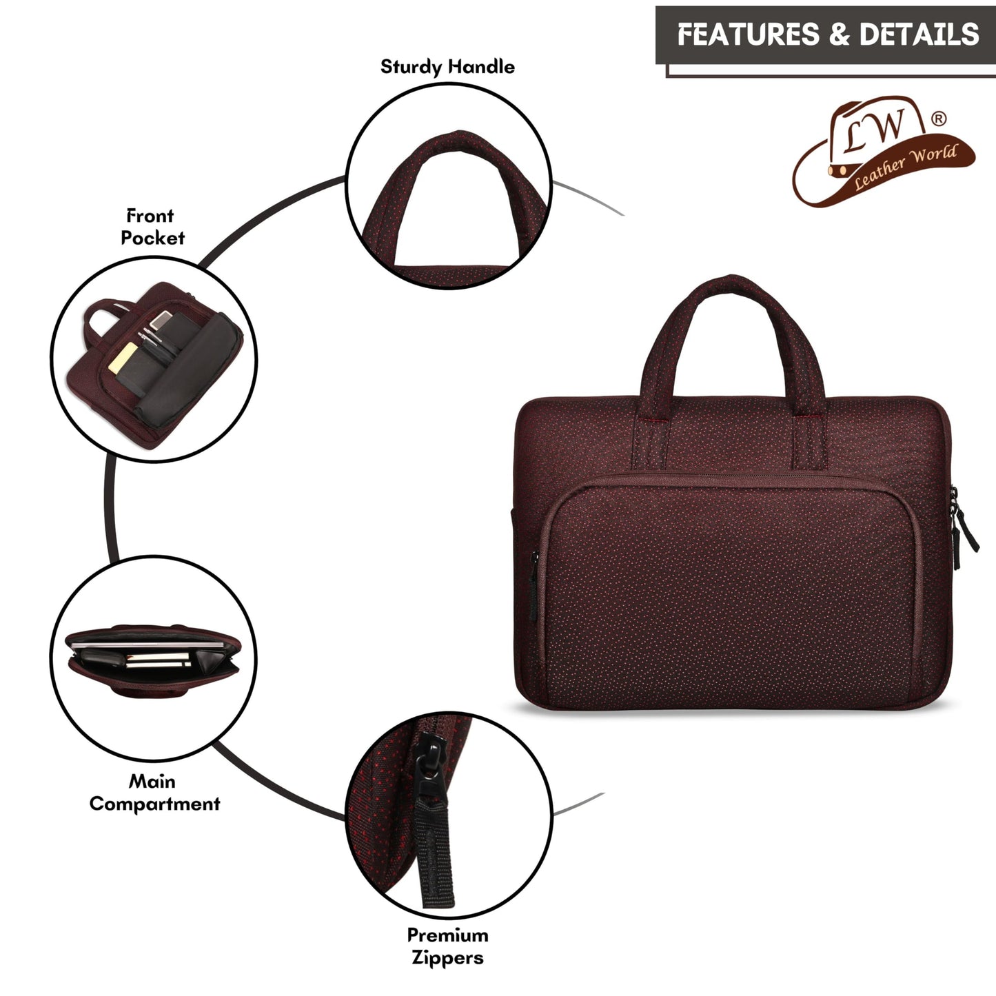 Leather World 15.6 inch Laptop Briefcase Shoulder Sling Office Business Professional Travel Messenger Bag for Men and Women Water Repellent Formal Executive Bags. (Maroon)
