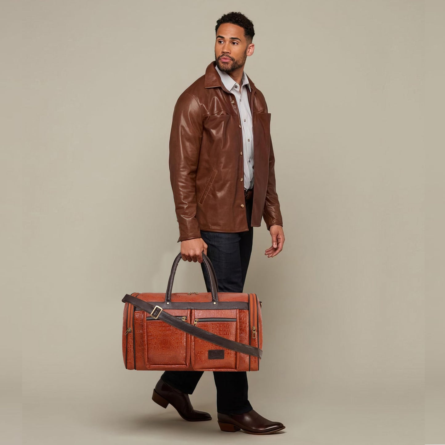Leather World Duffel Bag Textured Leatherette Luggage Duffle Weekender Bag for Travel - Men and Women's (Tan)