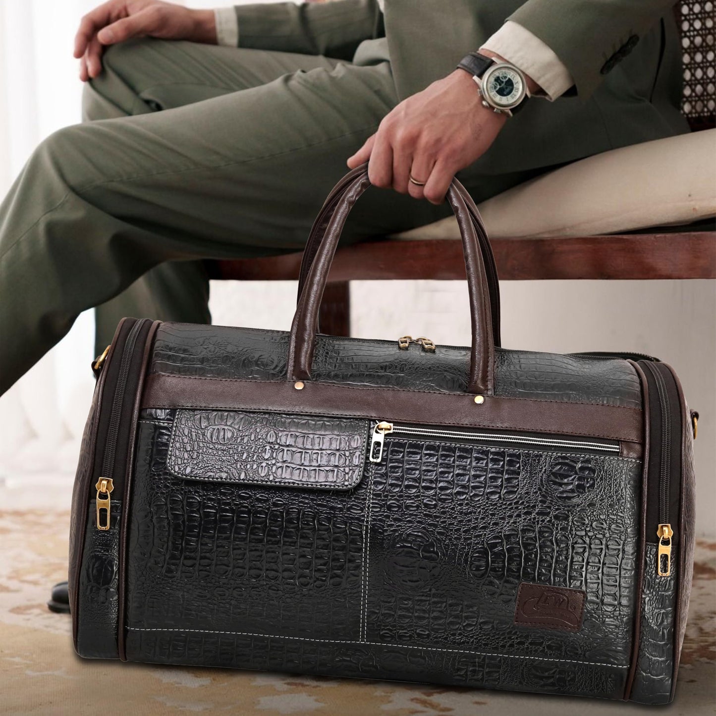 Leather World Leather Unisex Faux Leather Travel Duffle Bag Weekender Bag - Black