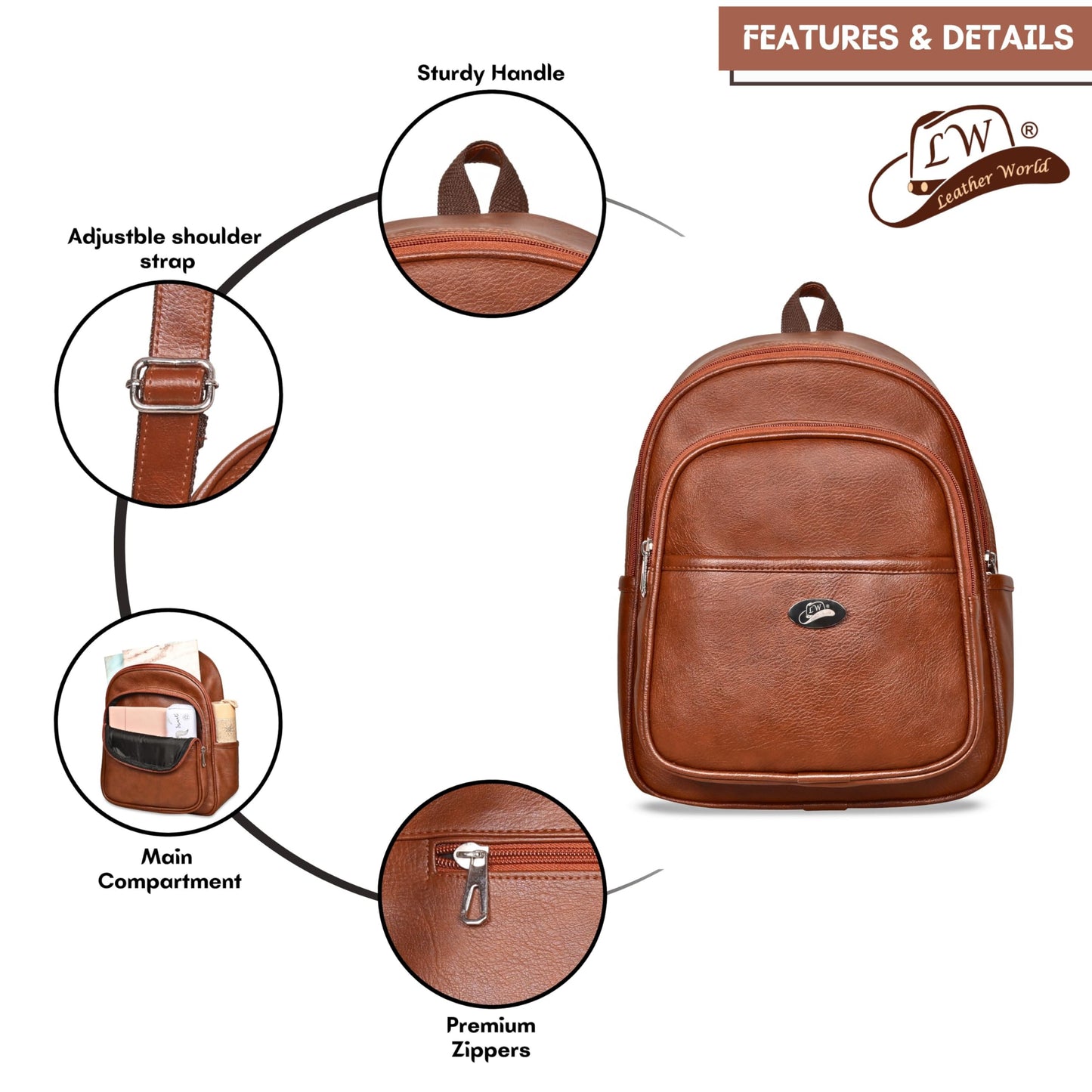 Leather World Backpack for Women Vegan Leather Travel Backpack Vintage Shoulder Bags Girls (Tan)