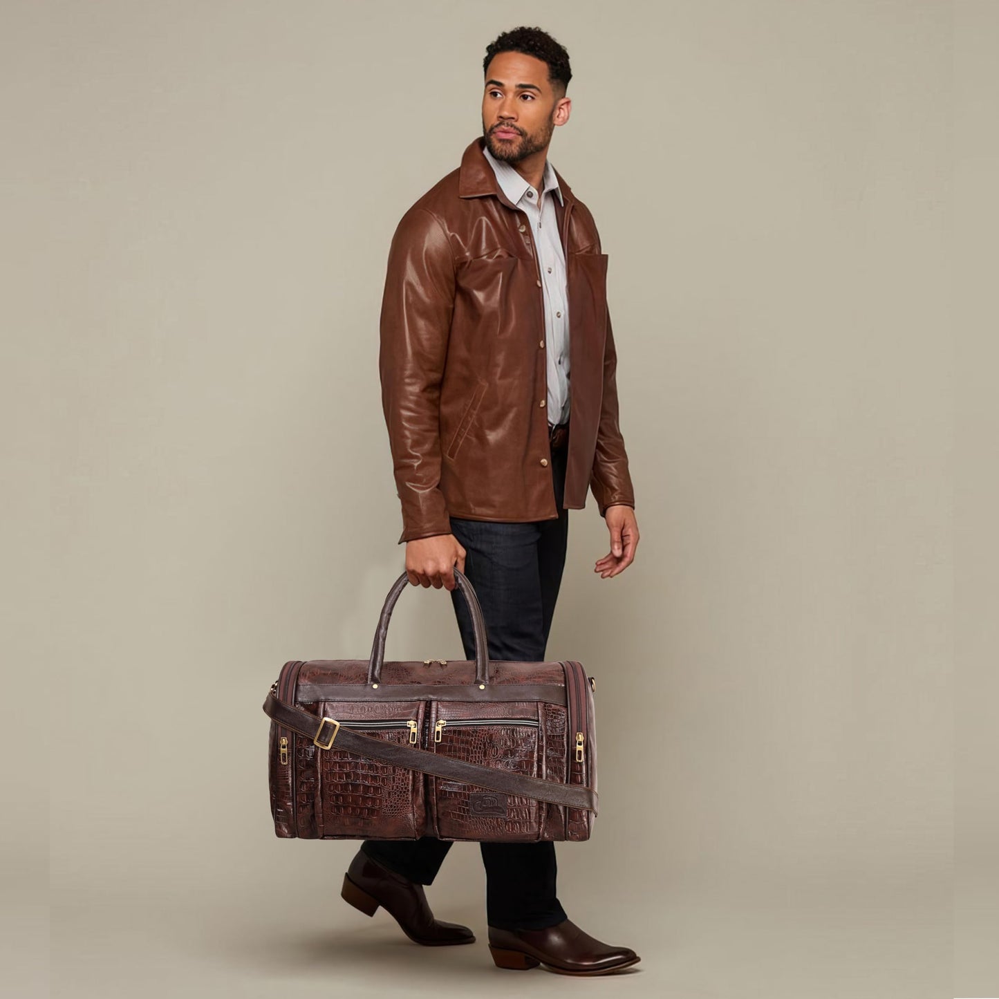 Leather World Duffel Bag Textured Leatherette Luggage Duffle Weekender Bag for Travel - Men and Women's (Brown)