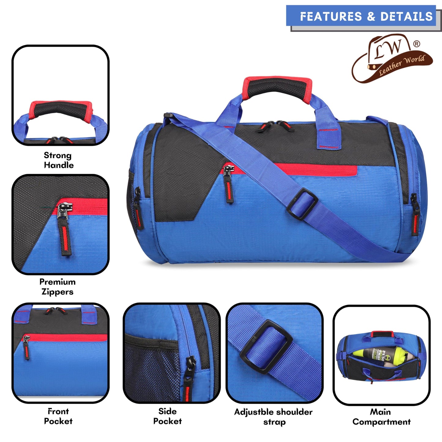 Leather World Gym Bag for Men & Women | Duffle Bag | Adjustable Shoulder Duffle Gym Bag | Water Resistant | Sports & Travel Bag
