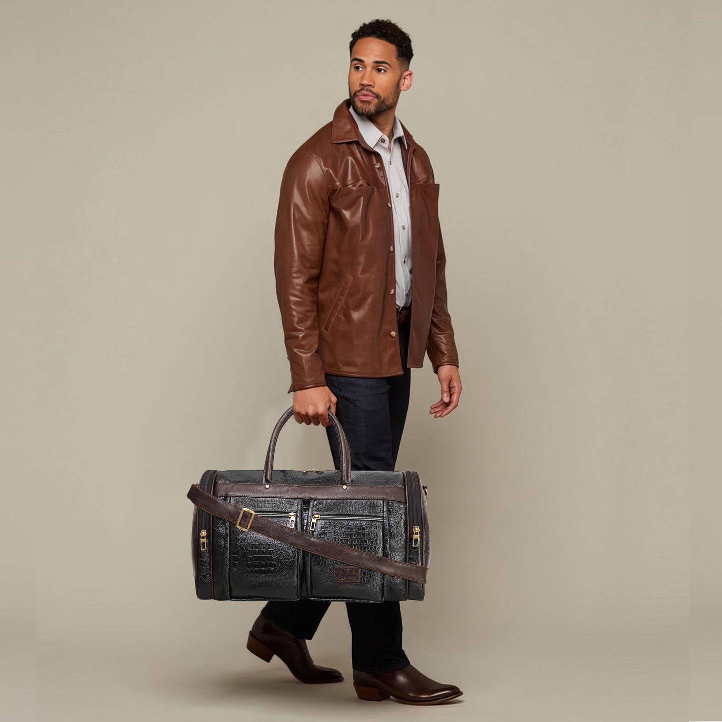 Leather World Duffel bag Textured Leatherette Luggage Duffle Weekender Bag For Travel - Men And Women's - Black