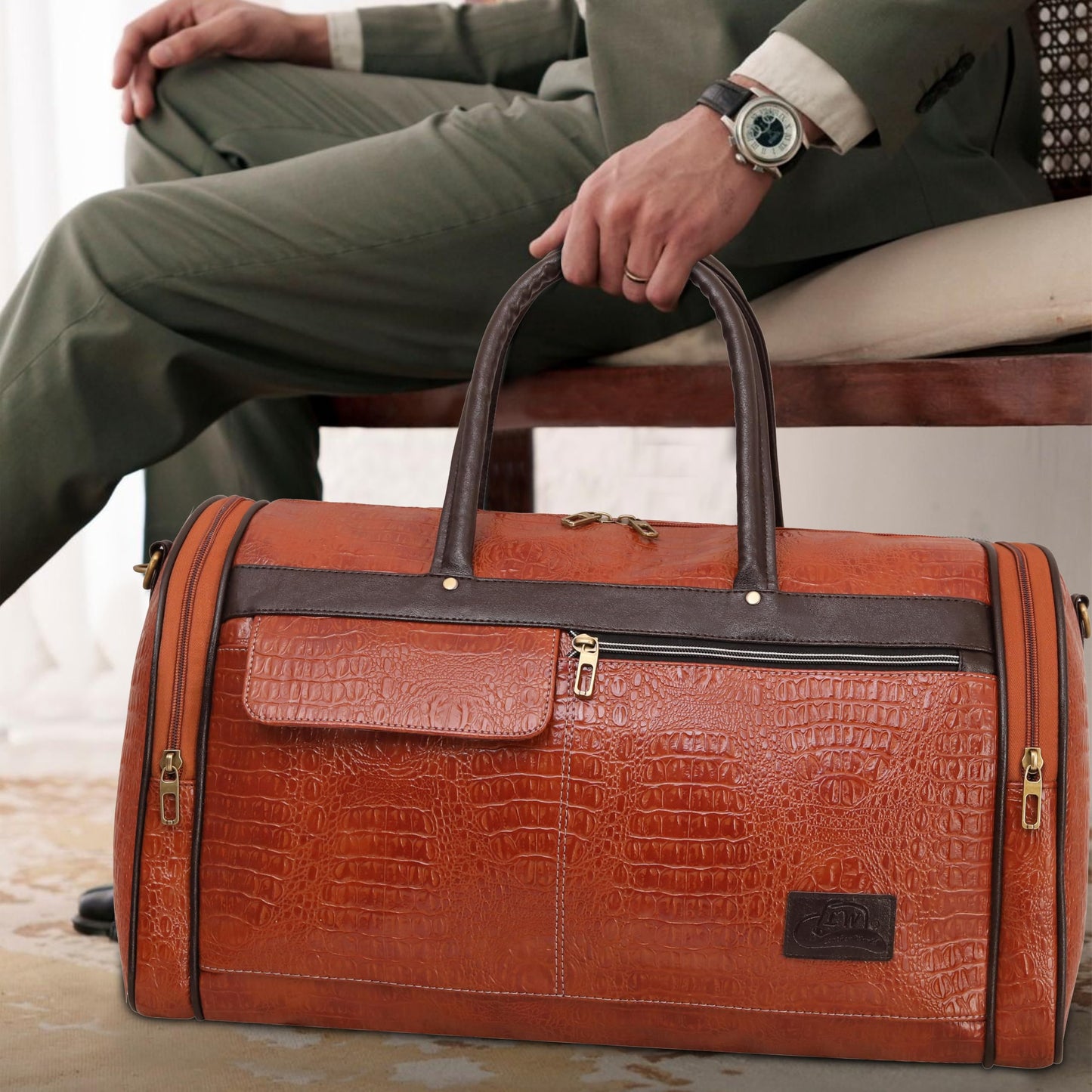 Leather World Leather Unisex Faux Leather Travel Duffle Bag Weekender Bag (Tan)