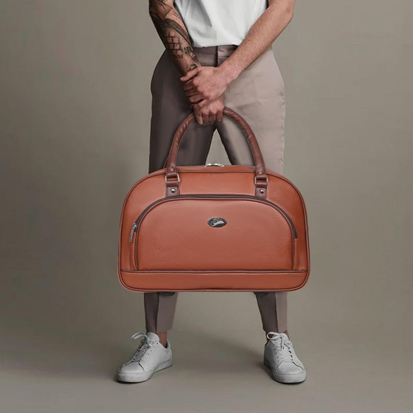 Leather World Duffel Bag Textured Leatherette Luggage Duffle Weekender Bag for Travel - Men and Women's (Tan)