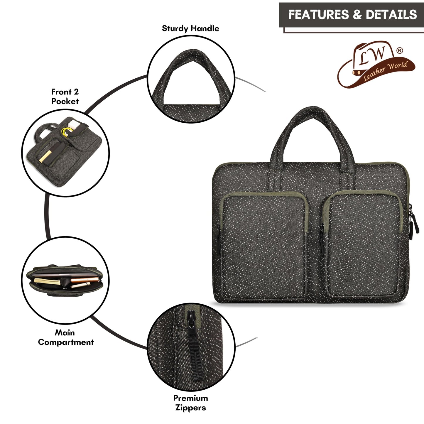 Leather World 15.6 inch Laptop Briefcase Shoulder Sling Office Business Professional Travel Messenger Bag for Men and Women Water Repellent Formal Executive Bags. (Green)