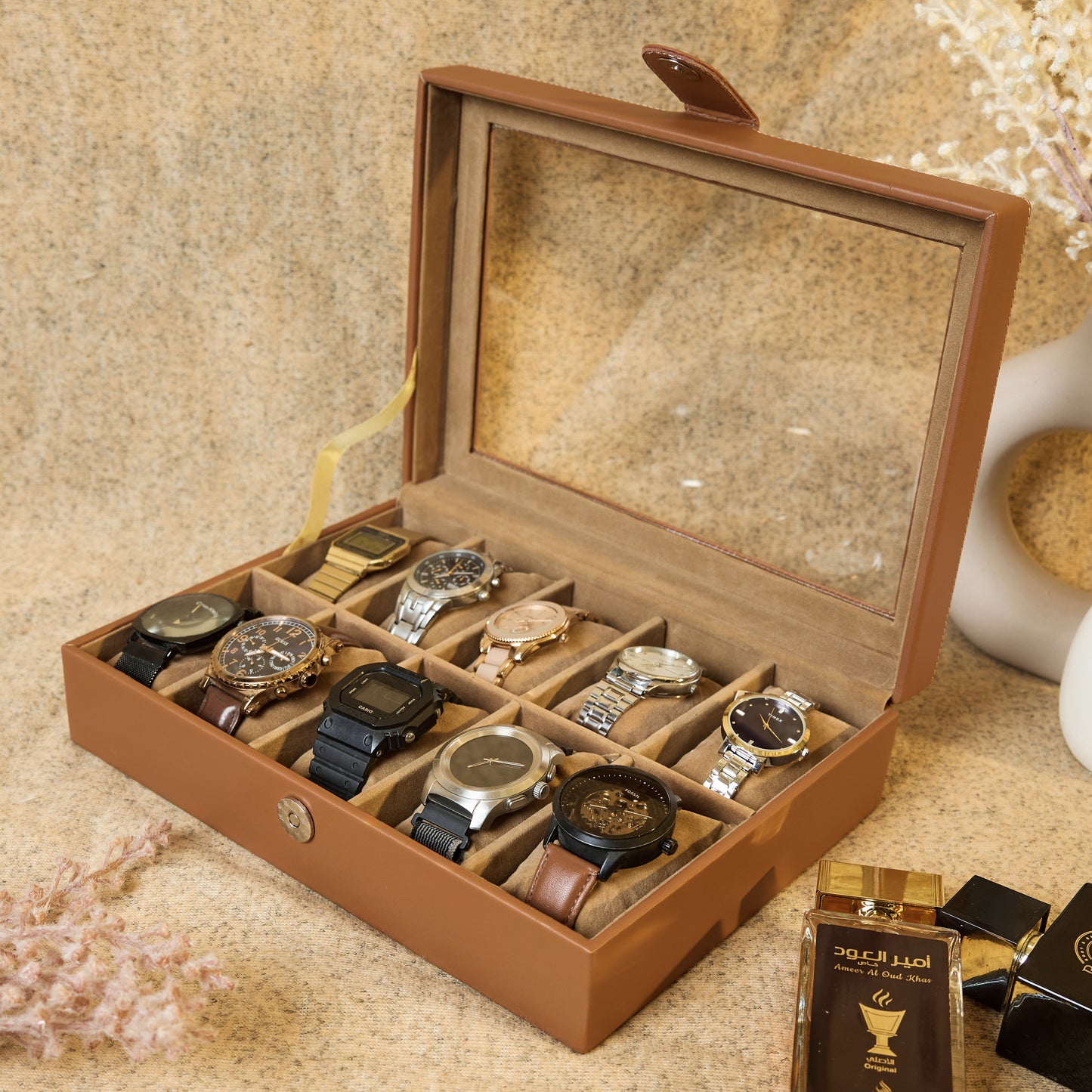 Leather World 10 Slots Elegant Watch Box With Viewing Window