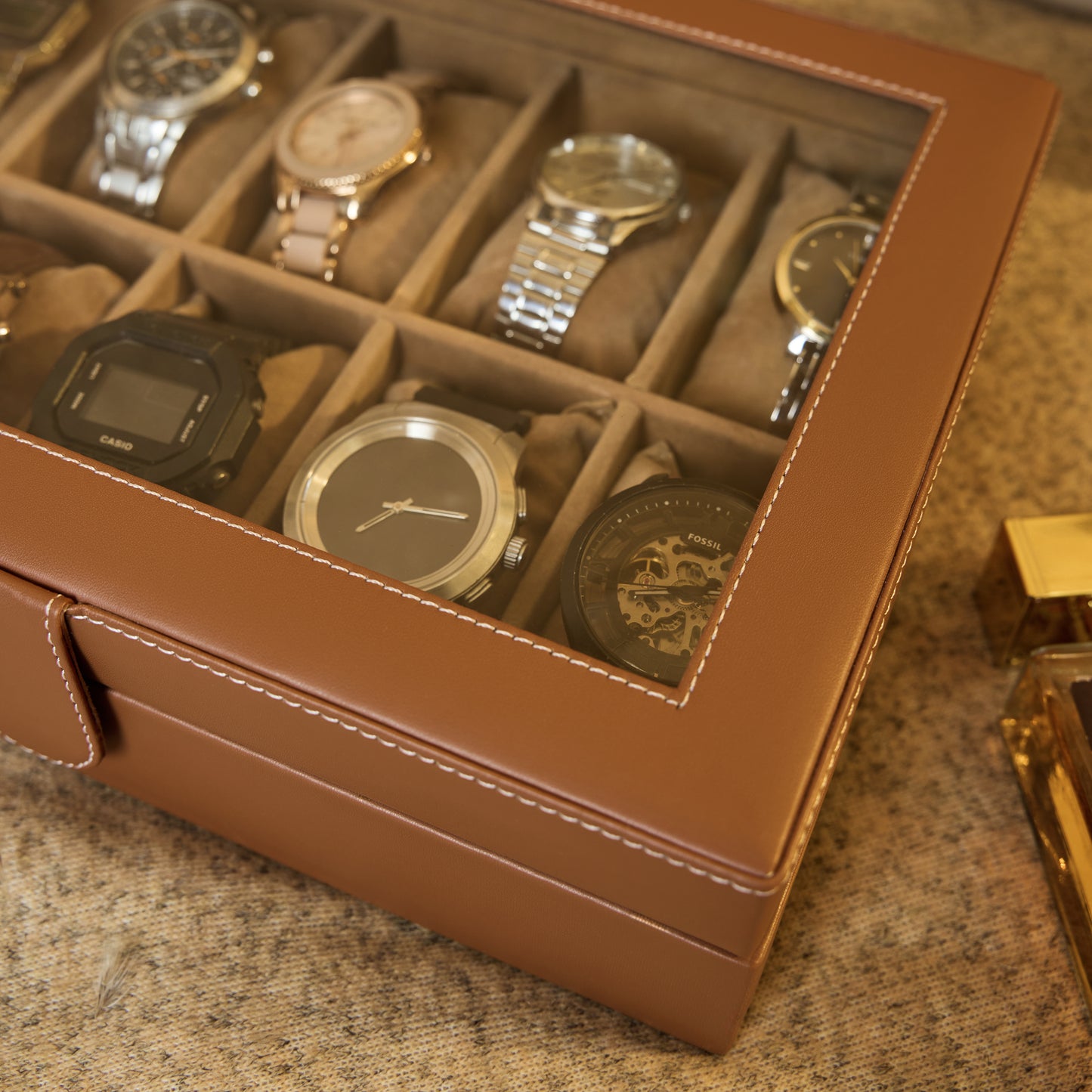 Leather World 10 Slots Elegant Watch Box With Viewing Window