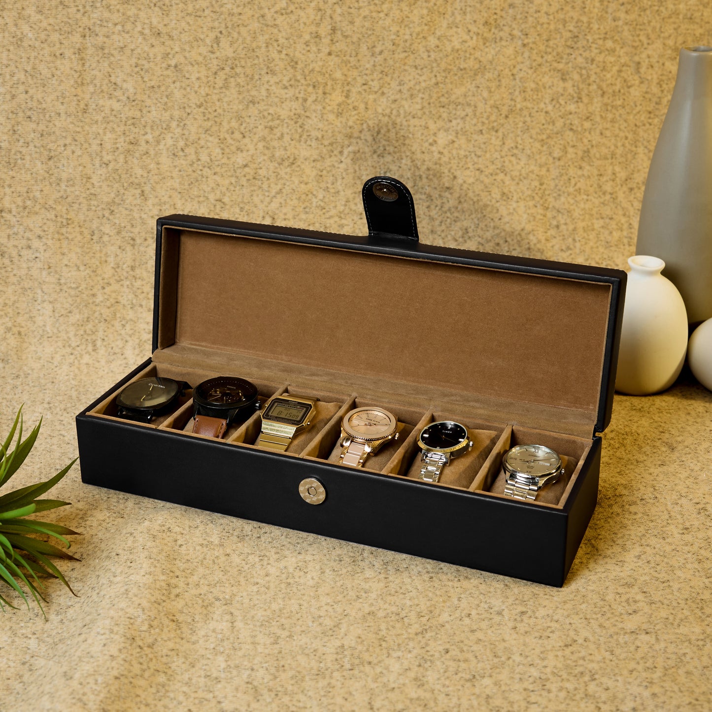 6 Slots Classy Black Watch Box Organizer with Plain Leather Finish