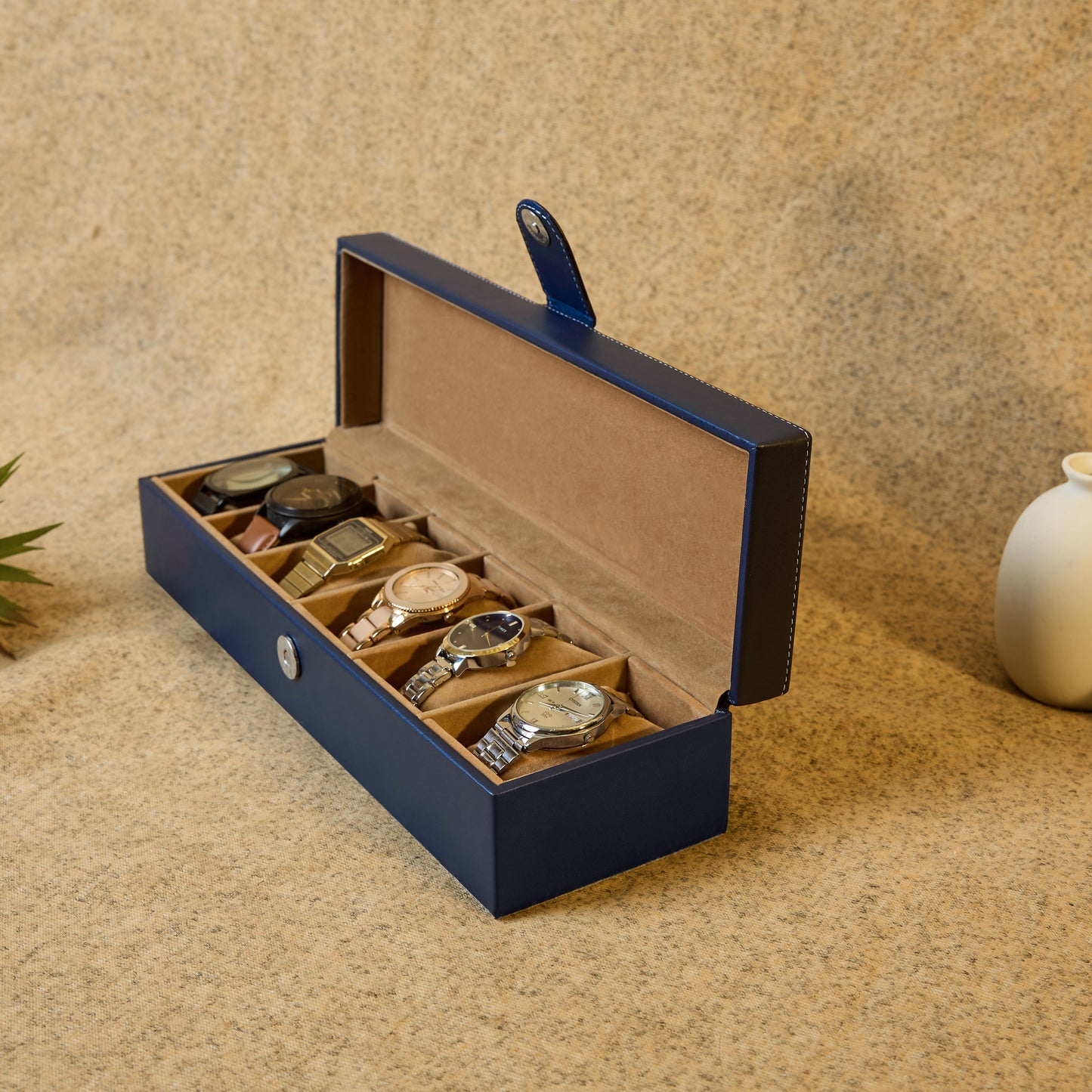 6 Slots Classy Blue Watch Box Organizer with Plain Leather Finish