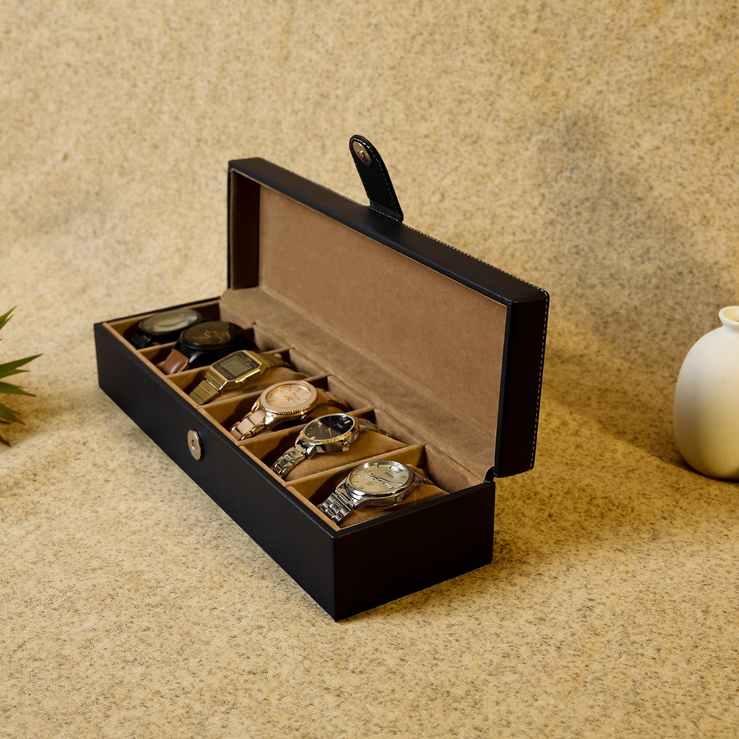 6 Slots Classy Black Watch Box Organizer with Plain Leather Finish