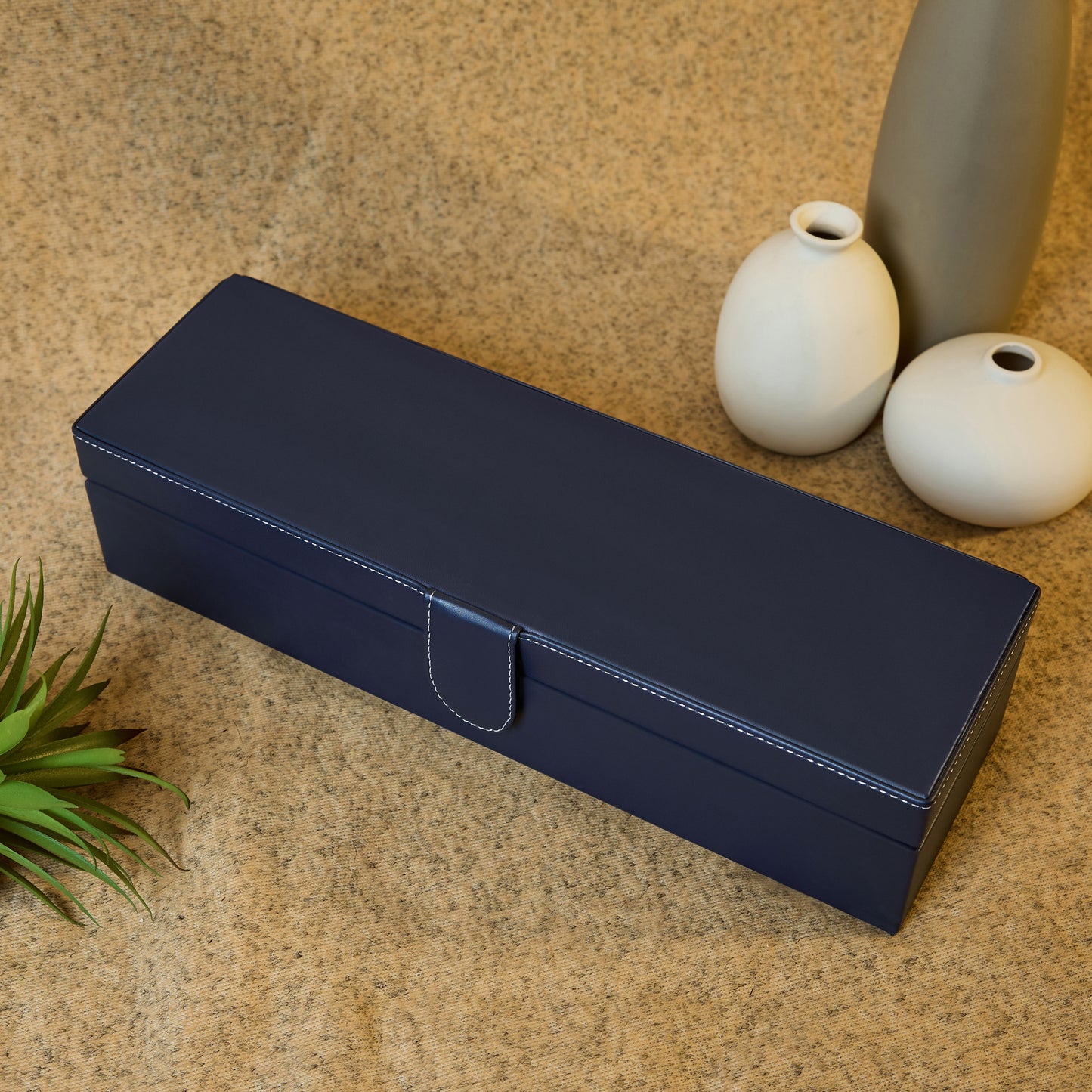 6 Slots Classy Blue Watch Box Organizer with Plain Leather Finish