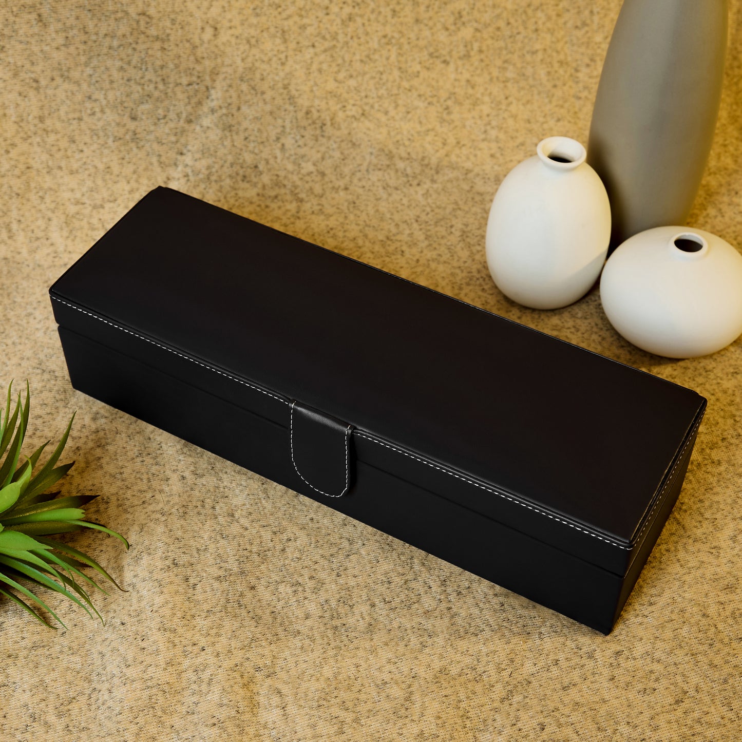 6 Slots Classy Black Watch Box Organizer with Plain Leather Finish