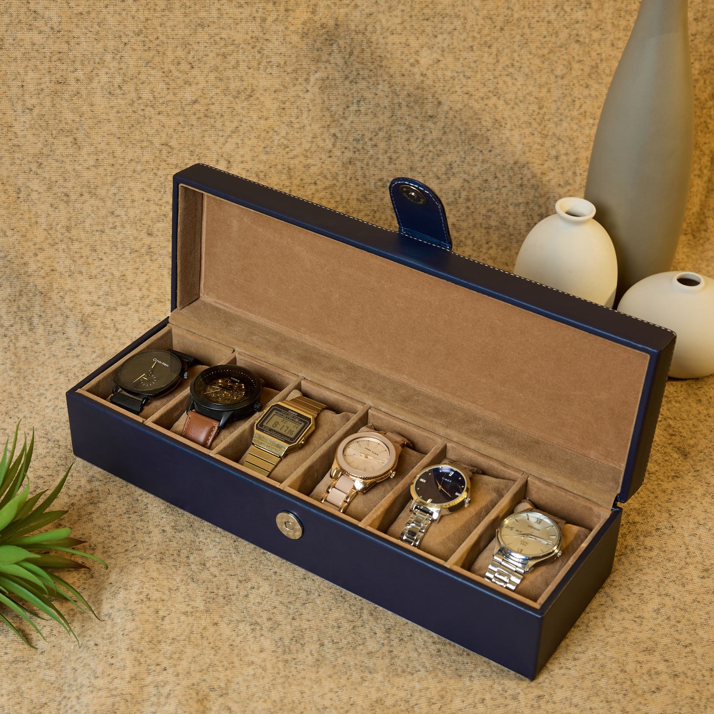 6 Slots Classy Blue Watch Box Organizer with Plain Leather Finish