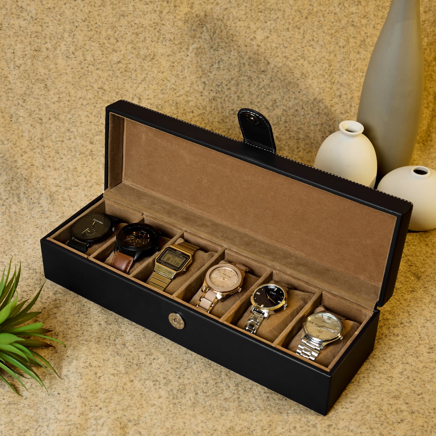 6 Slots Classy Black Watch Box Organizer with Plain Leather Finish