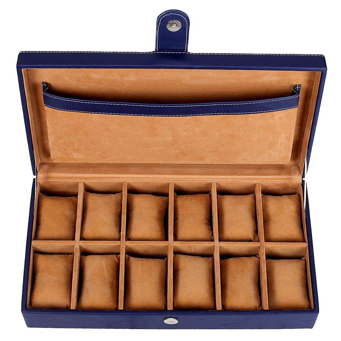 12 Slots Luxury Blue Watch Box Organizer with Plain PU Leather Finish