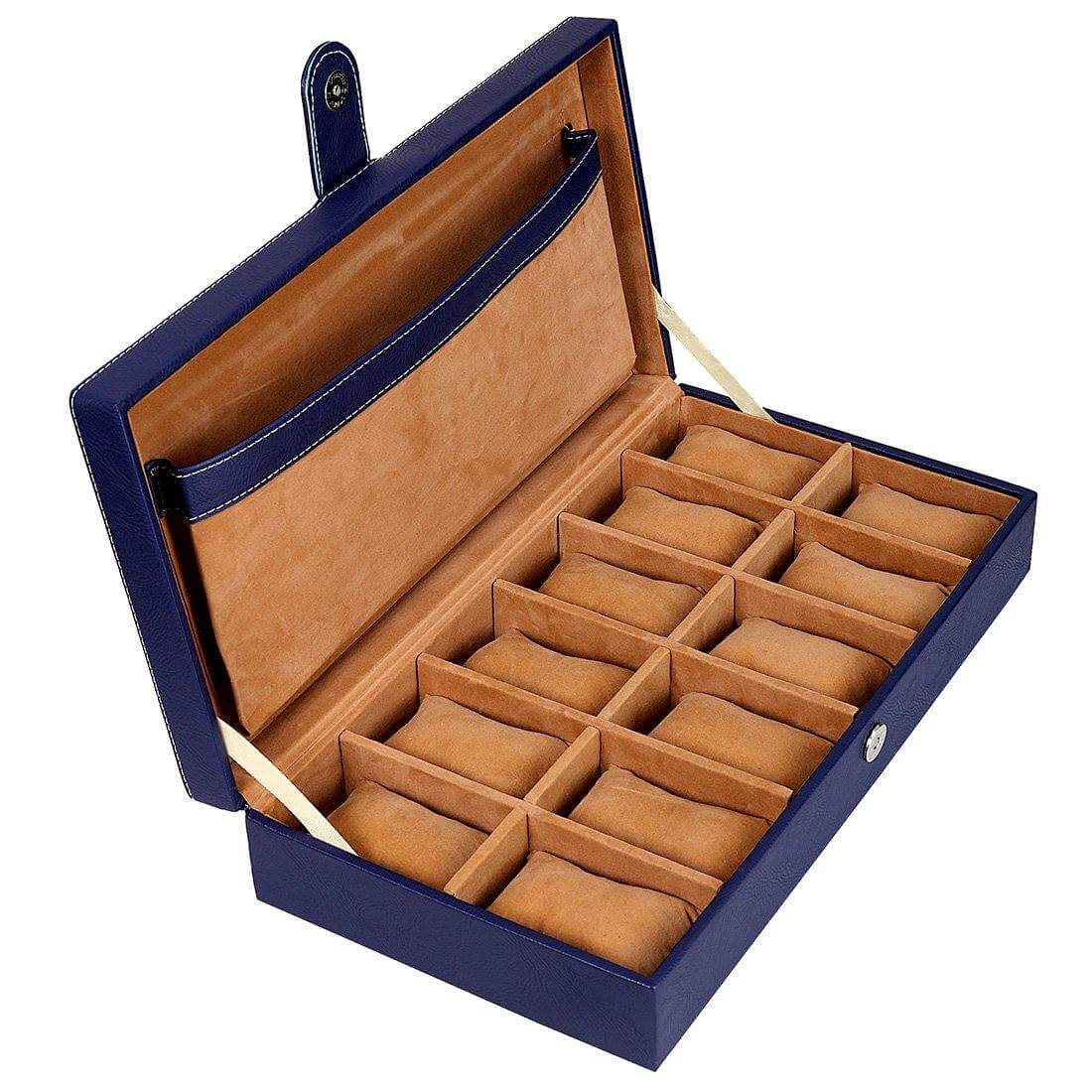 12 Slots Luxury Blue Watch Box Organizer with Plain PU Leather Finish
