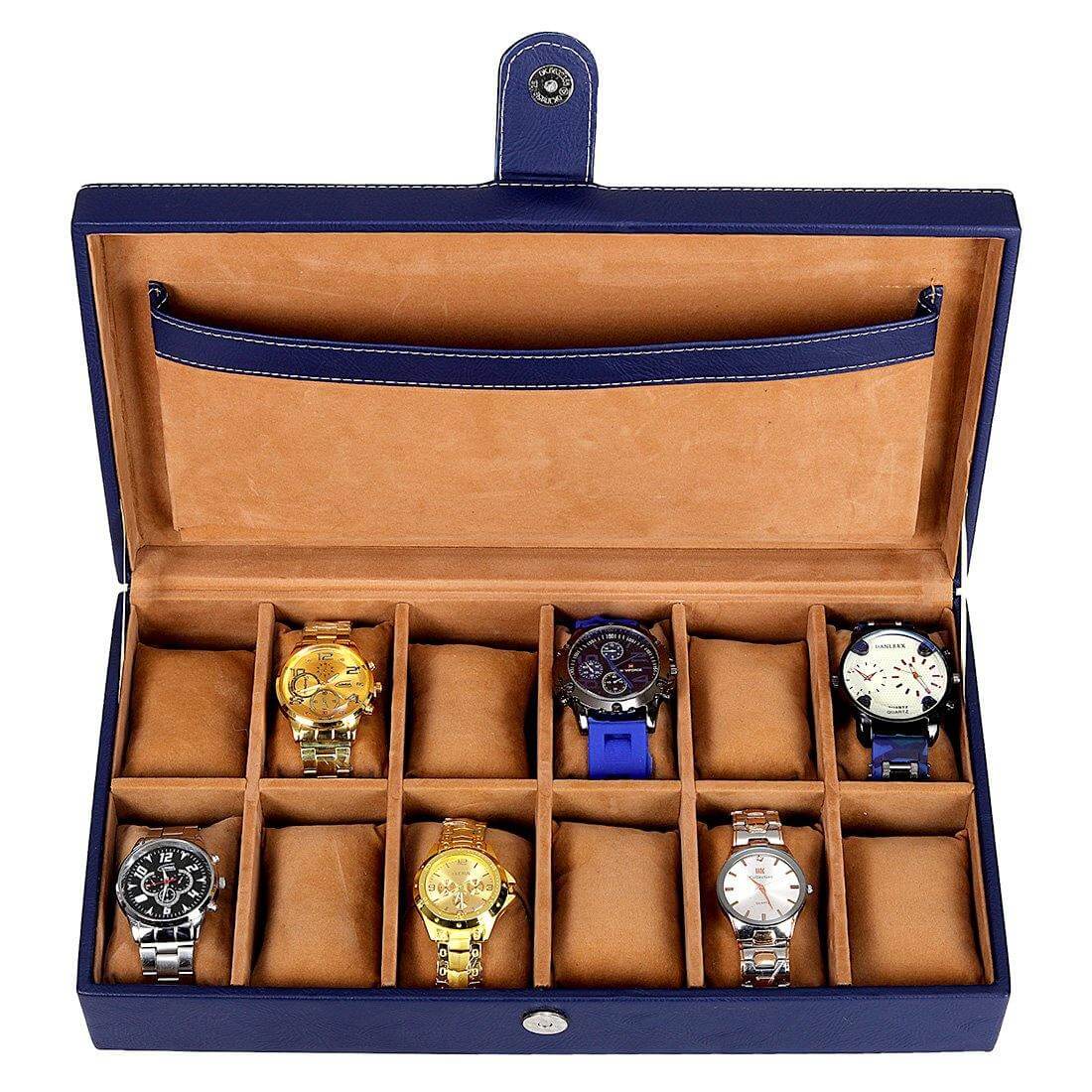 12 Slots Luxury Blue Watch Box Organizer with Plain PU Leather Finish